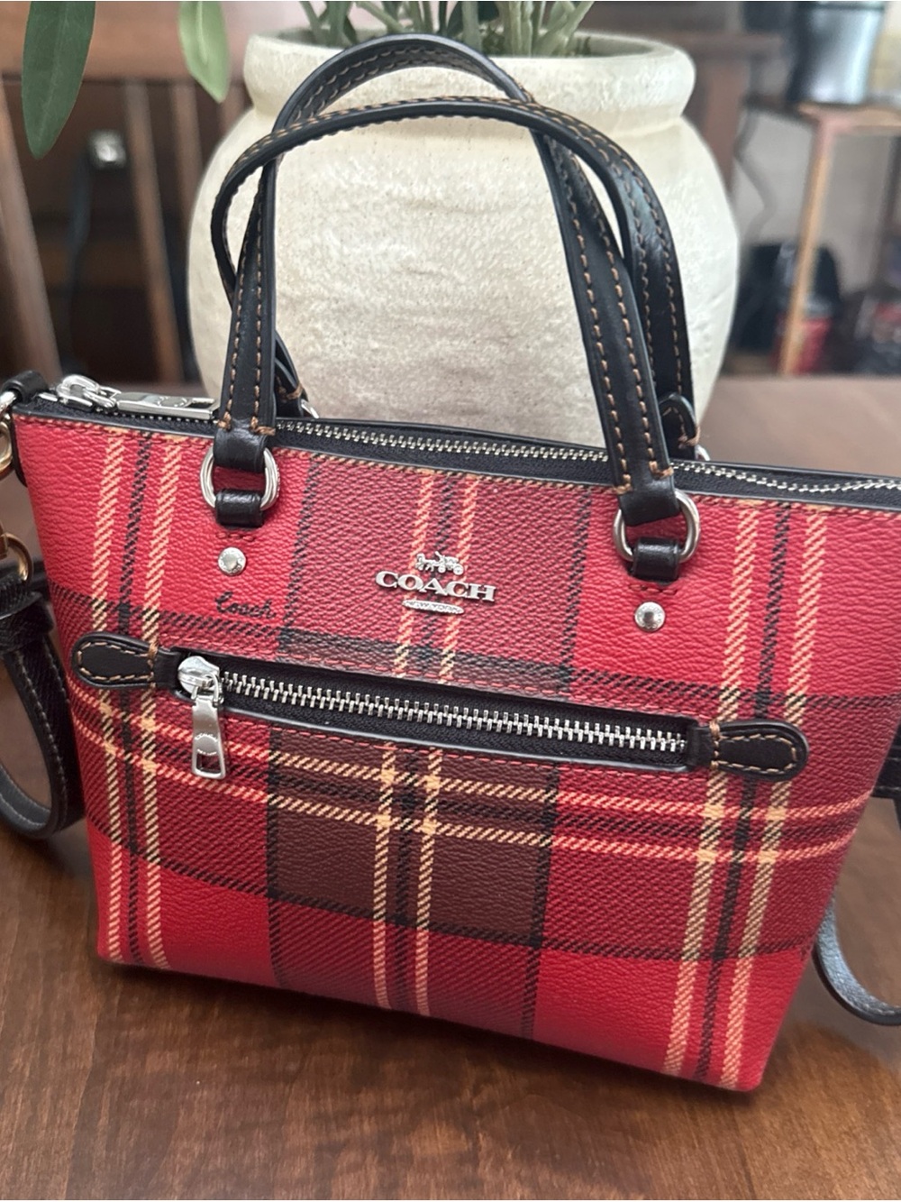 Coach Red Plaid Mini Satchel with Black Trim